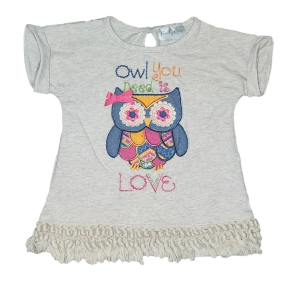 EMILY ROSE Cream Short Sleeve Tee with Owl and Bottom Fringe